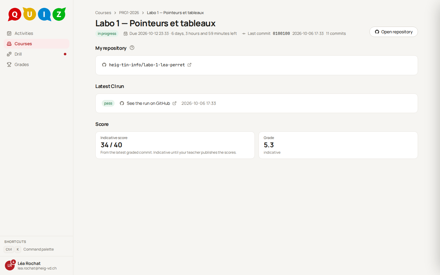 The project page: the status and the last commit under the title, the repository, the latest CI run with a passing badge, then the indicative score 34 / 40 and an indicative grade