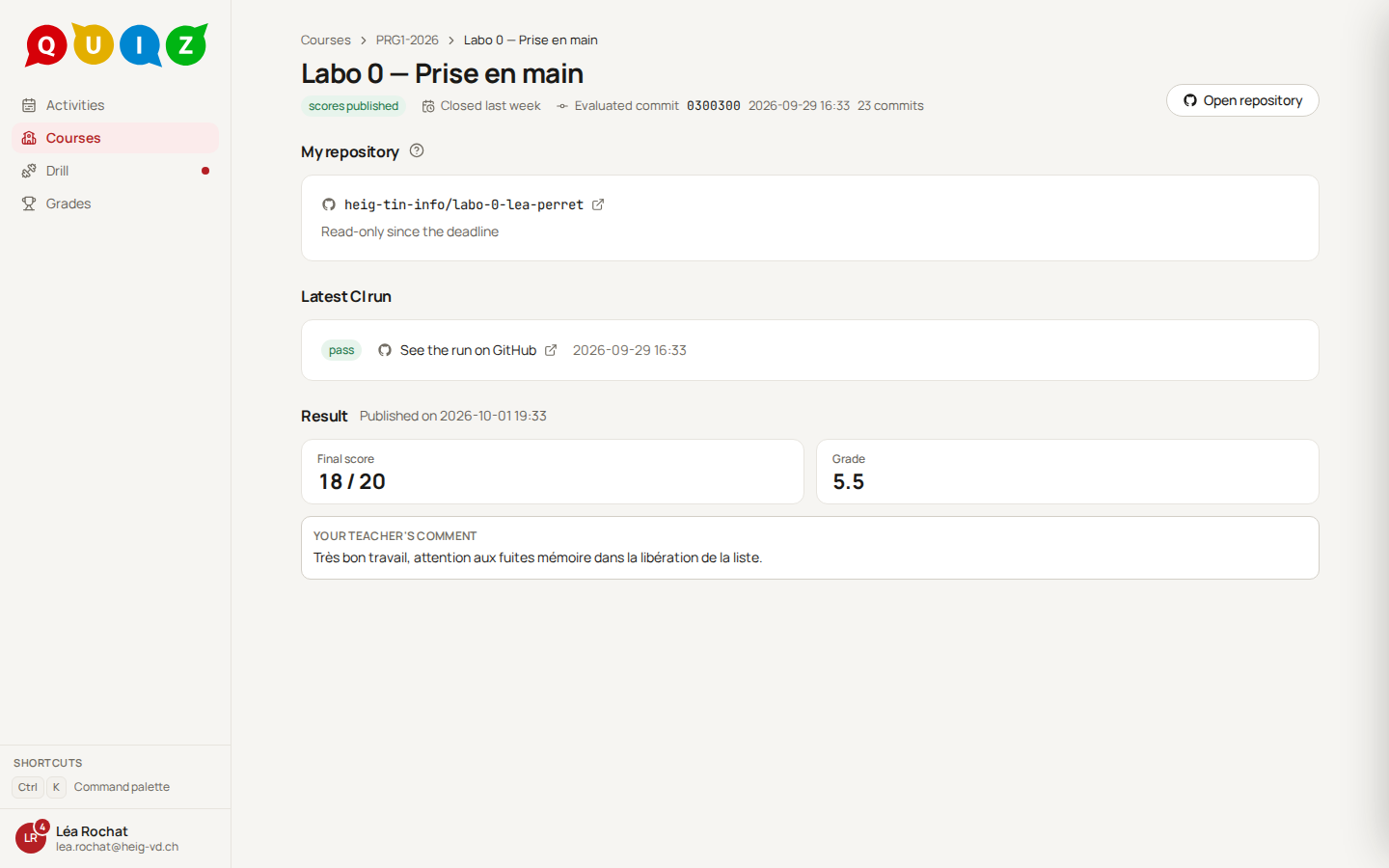 The project page after the release: Final score 18 / 20, Grade 5.5 and a comment from the teacher