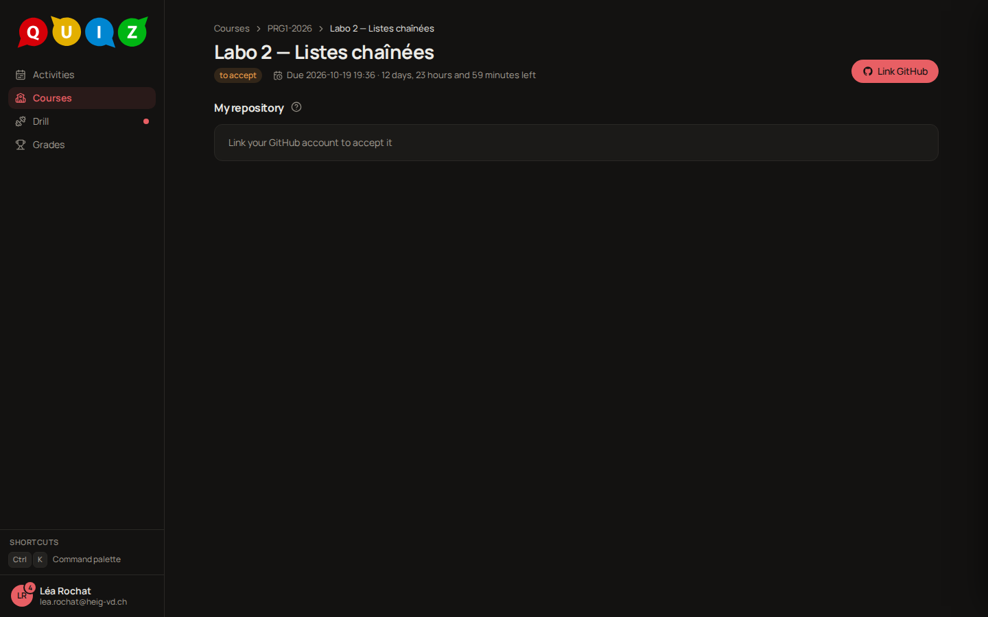 A project to accept: the page says Link your GitHub account to accept it, and the one button is Link GitHub