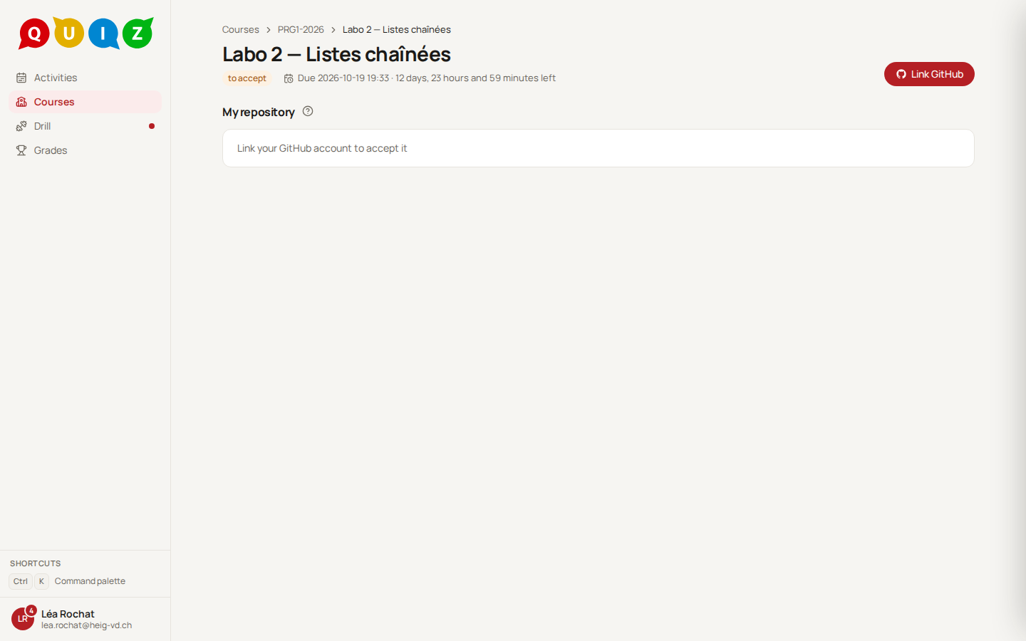 A project to accept: the page says Link your GitHub account to accept it, and the one button is Link GitHub