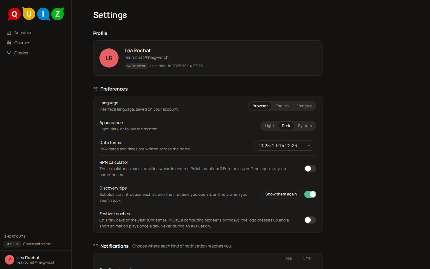 The settings of a student: profile with name, e-mail and last sign-in, then Language, Appearance and Date format