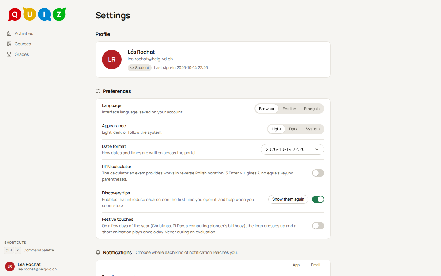 The settings of a student: profile with name, e-mail and last sign-in, then Language, Appearance and Date format